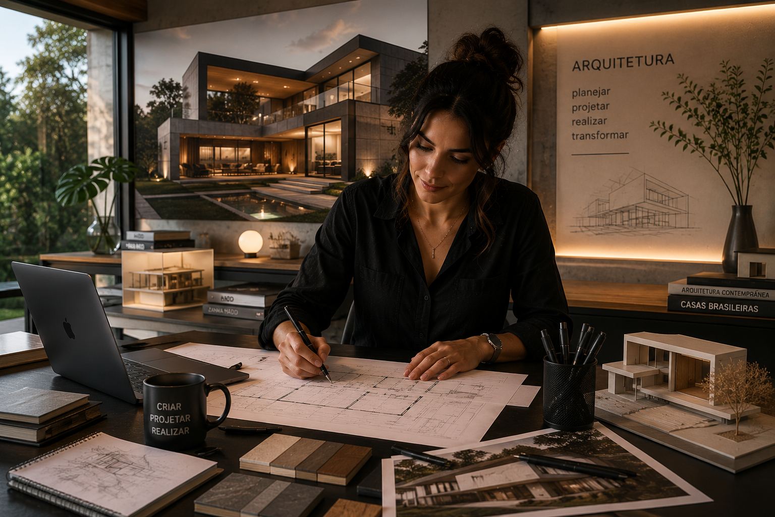 Arquiteto analisando projeto em escritório moderno