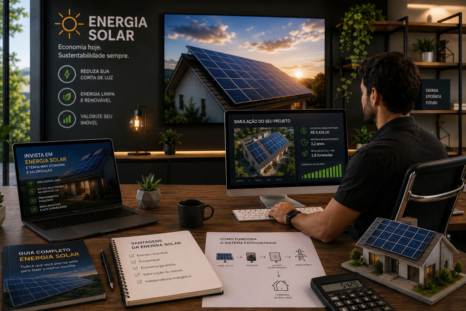 Técnico instalando painel solar