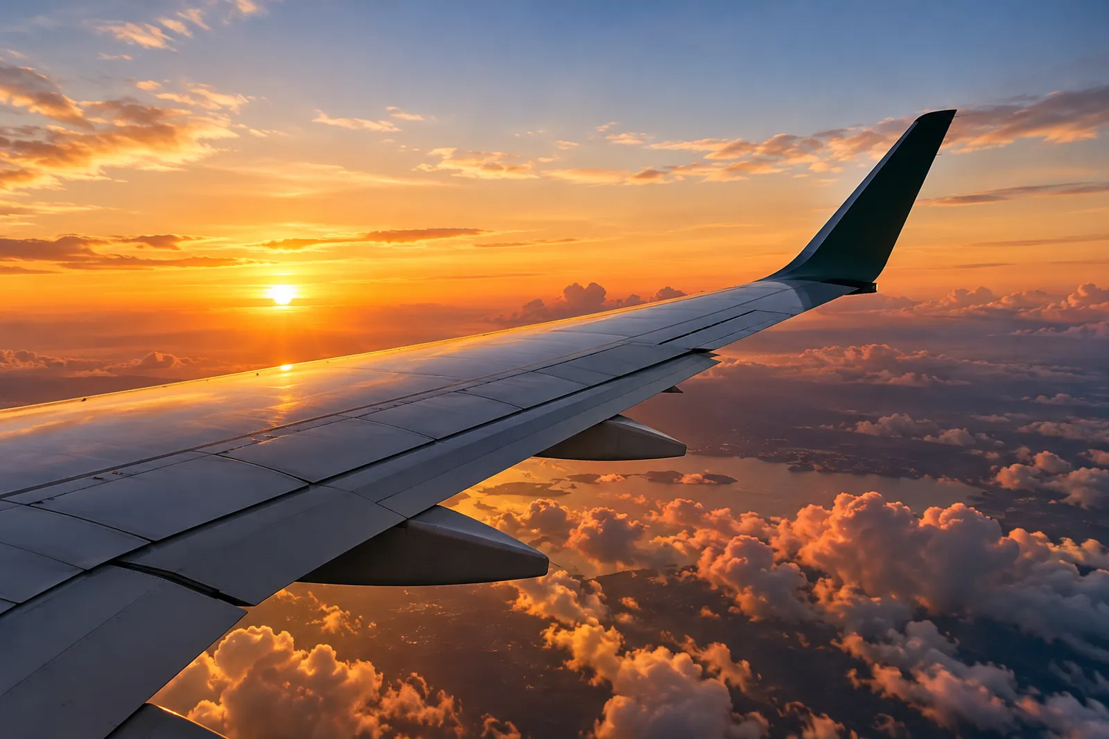 Asa de avião ao pôr do sol acima das nuvens, simbolizando a expansão da sua marca pra outros países